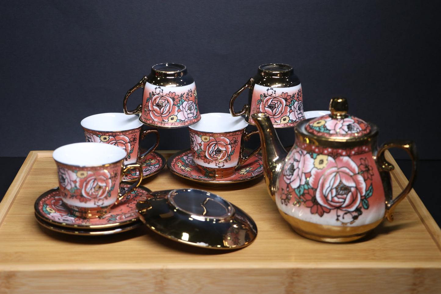 MG Royal Floral 13-Piece Tea & Coffee Set with Gold Stand