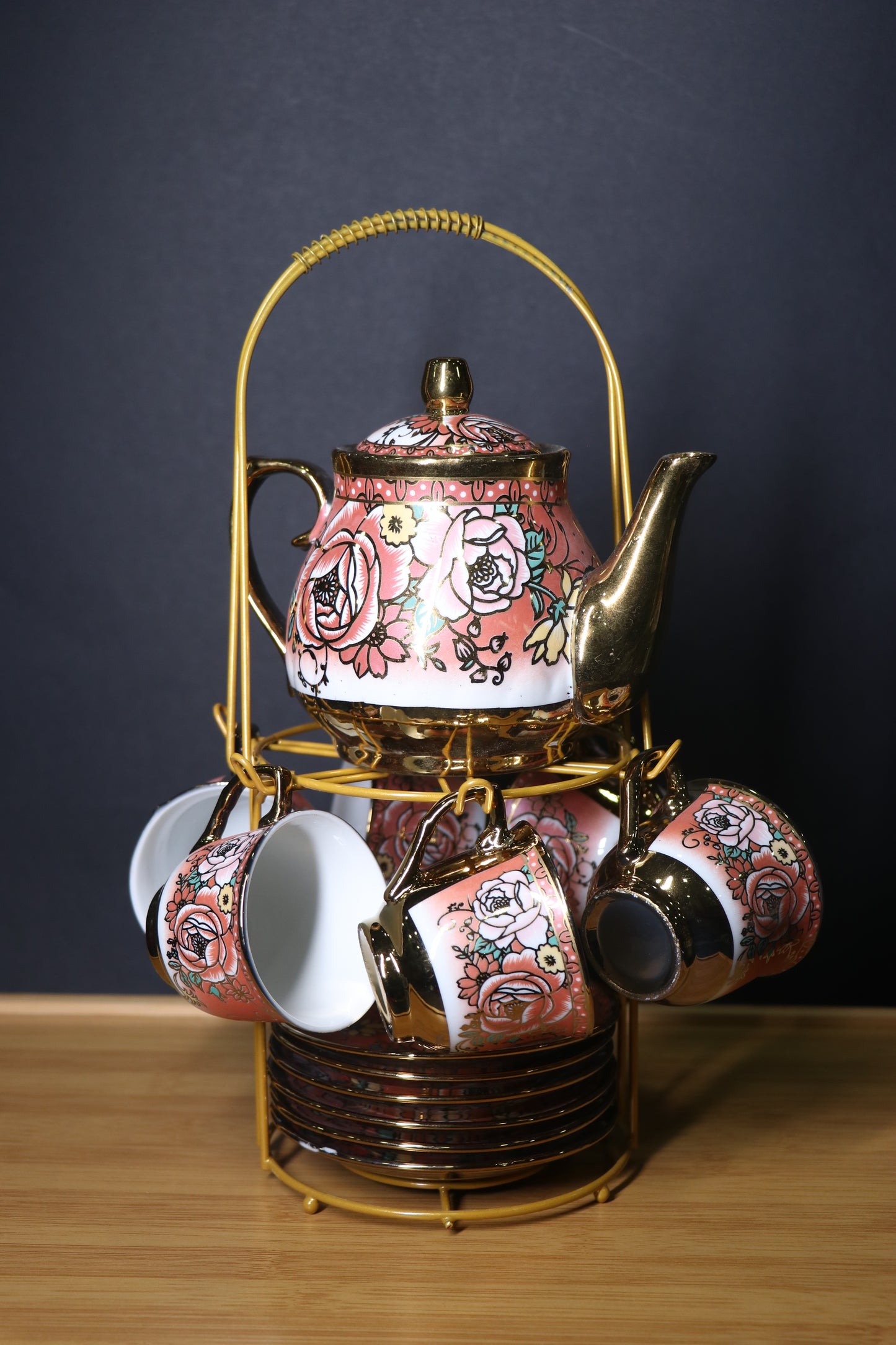 MG Royal Floral 13-Piece Tea & Coffee Set with Gold Stand
