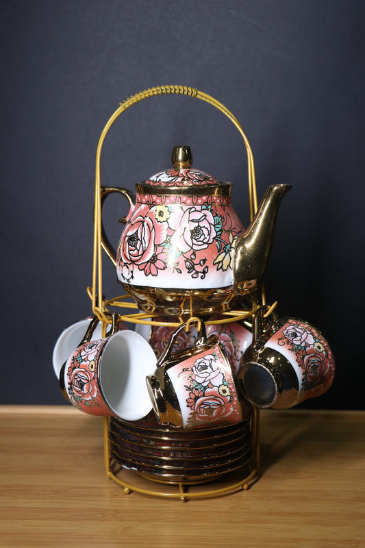 MG Royal Floral 13-Piece Tea & Coffee Set with Gold Stand