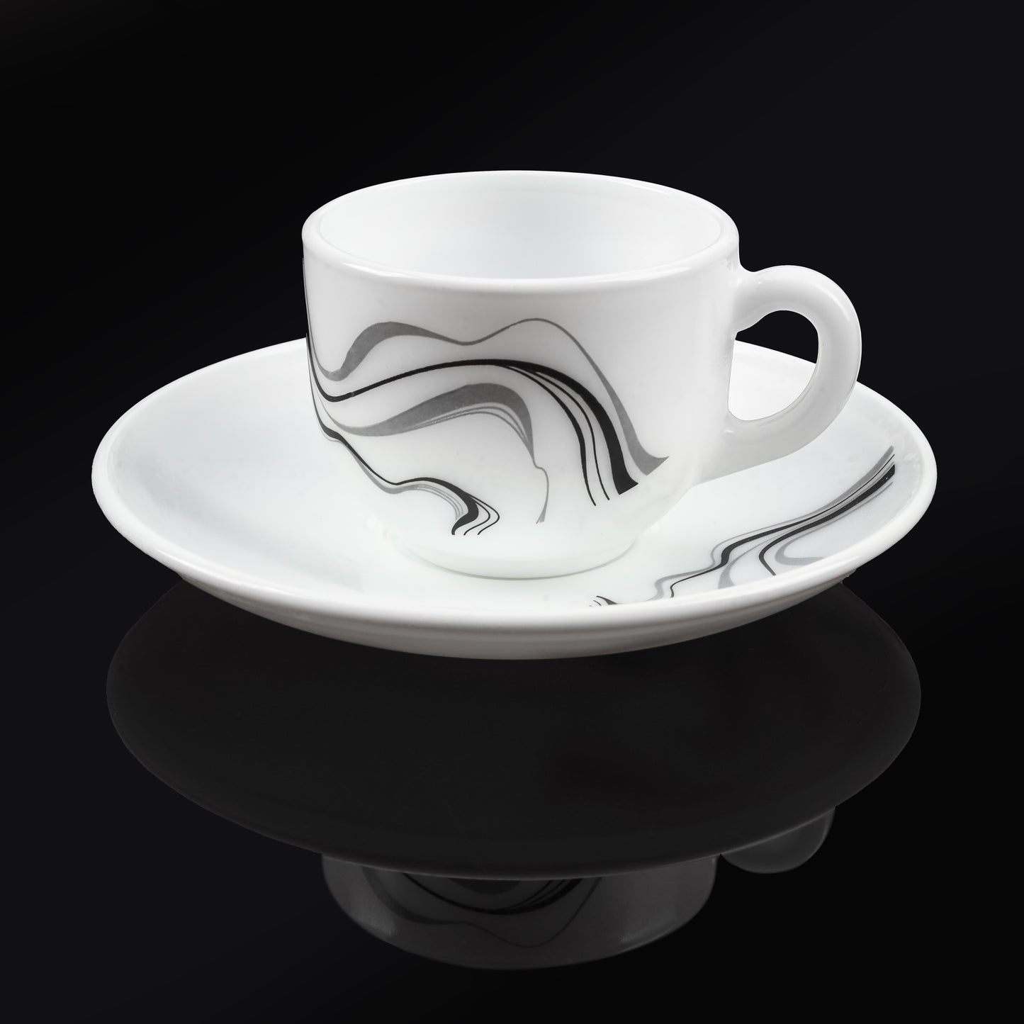 MG Elegant Black Ripple Cup & Saucer Set  Modern Swirl Design