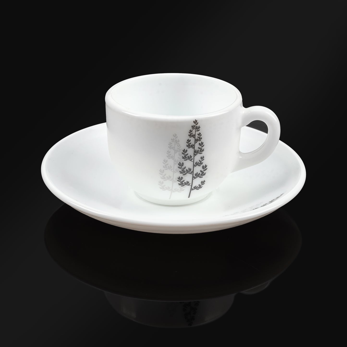 MG Elegant White Porcelain Cup & Saucer Set with Minimalist Floral Design